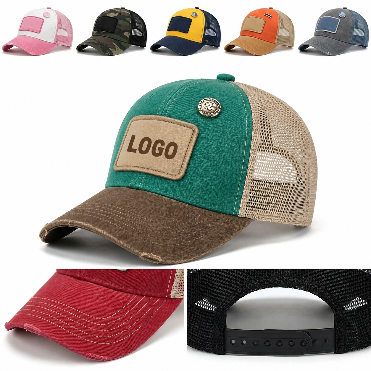 Vintage Distressed 5-Panel Trucker Hat with Breathable Mesh Back and Snapback Closure