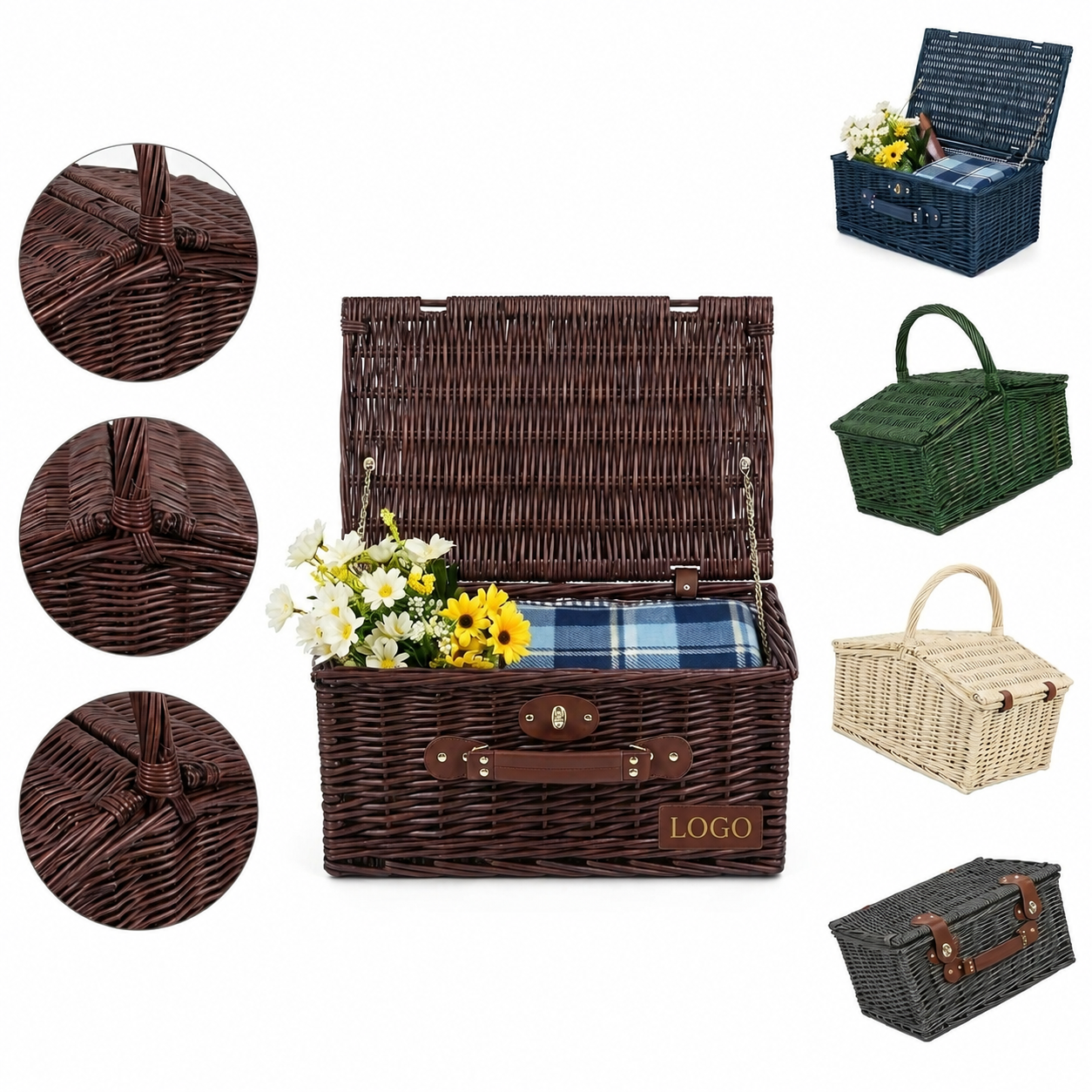 Classic Hand-Woven Willow Picnic Basket with Dual Access Lids and Fabric Lining