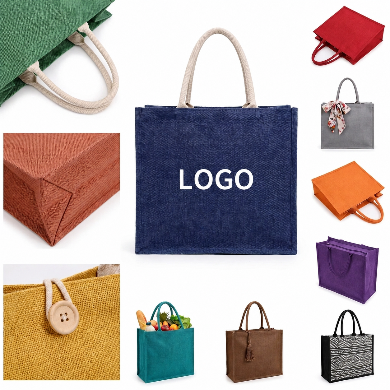 Large Colored Jute Burlap Tote with Reinforced Handles