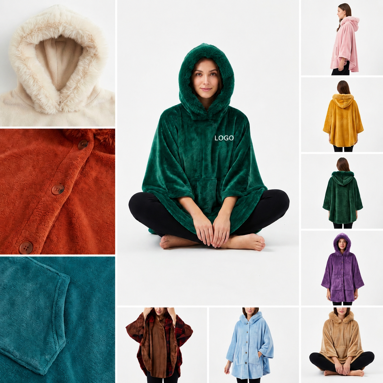 Plush Fleece Wearable Poncho Blanket with Faux Fur Hood and Front Pockets
