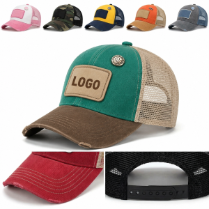 Vintage Distressed 5-Panel Trucker Hat with Breathable Mesh Back and Snapback Closure