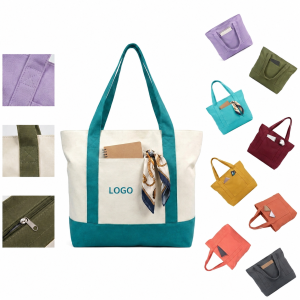 Reinforced Cotton Canvas Shopper with Zippered Closure and Front Pocket