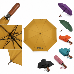 10-Rib Reinforced Automatic Travel Umbrella with Wood-Grain Handle